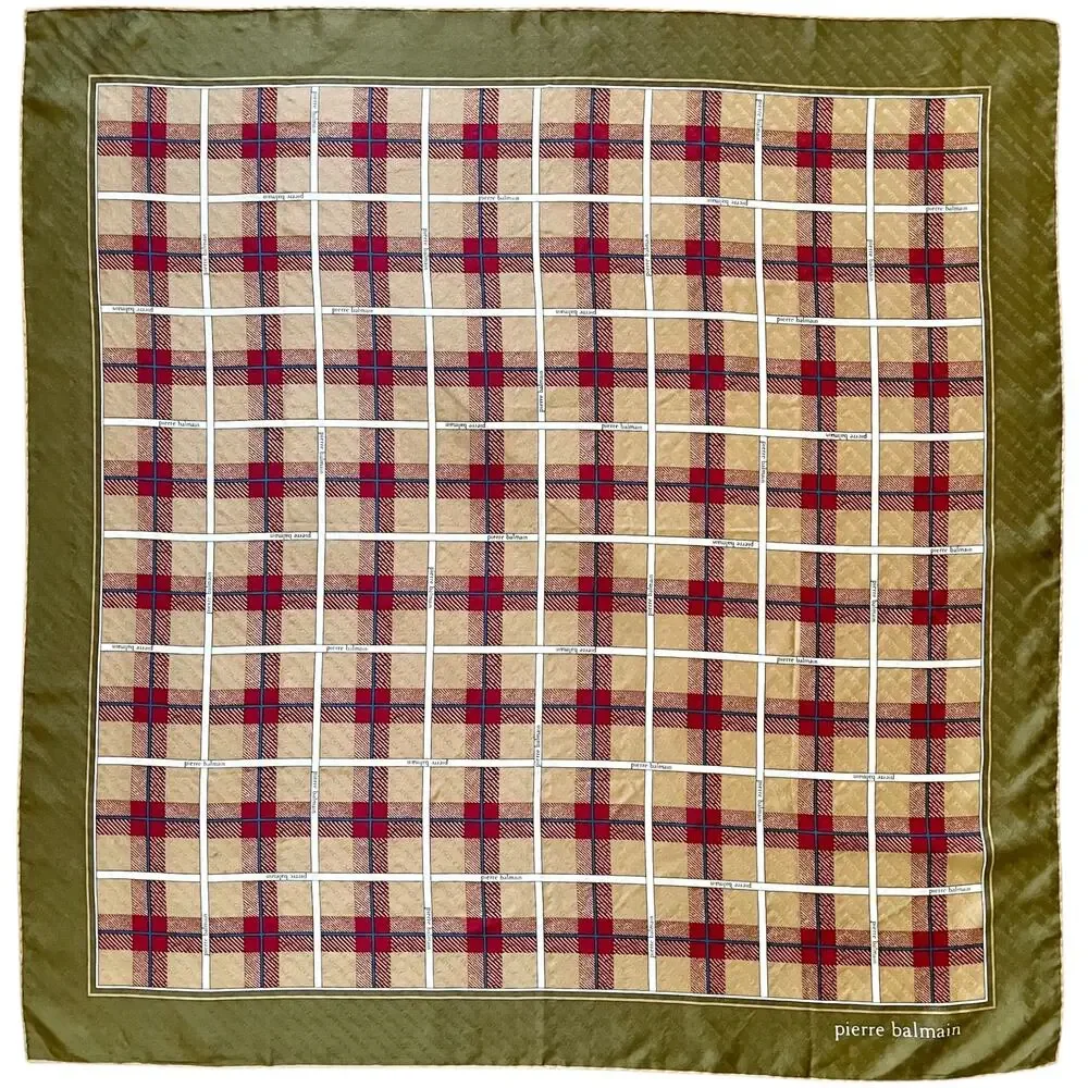 Vintage Pierre Balmain Jacquard Silk Tartan Plaid Print Square Scarf 31